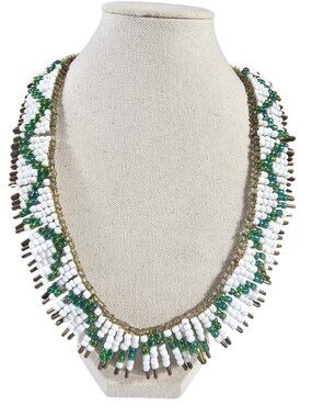 Safety Pin Beaded Necklace 22.5” White Green Glass Beads Statement Boho Tribal